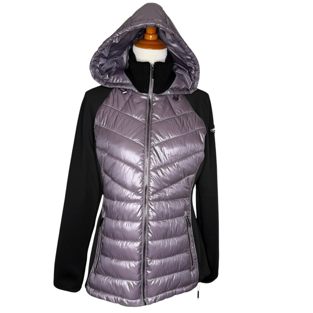 Calvin Klein Womens Purple and Black Mixed Media Hooded Puffer Jacket Size M NWT